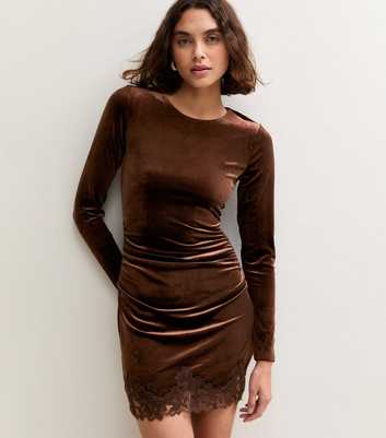 Tall Dark Brown Velvet Lace Trim Mini Dress