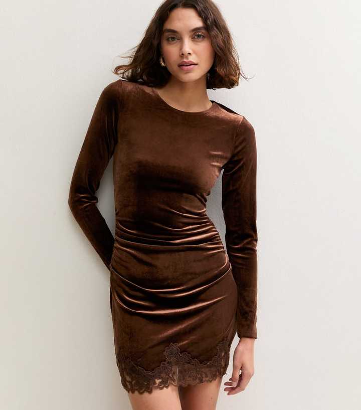 Tall Dark Brown Velvet Lace Trim Mini Dress