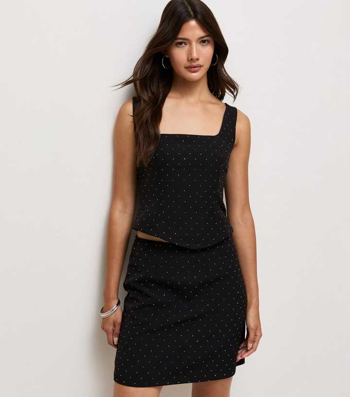Black Diamante Embellished High Waisted Mini Skirt