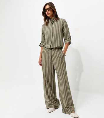 Green Striped Drawstring Wide Leg Trousers