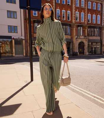 Green Striped Drawstring Wide Leg Trousers