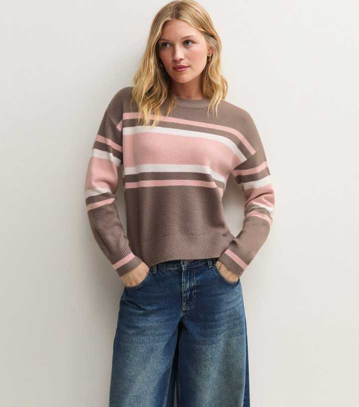 Brown Midweight Knit Colour Block Crew Neck Jumper