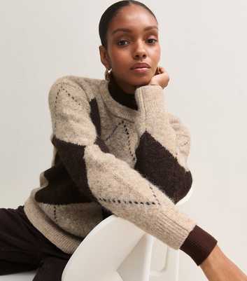 Cream Brushed Argyle Knit Crew Neck Jumper with Wool