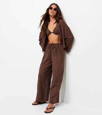 Petite Dark Brown Cotton Wide Leg Slub Trousers