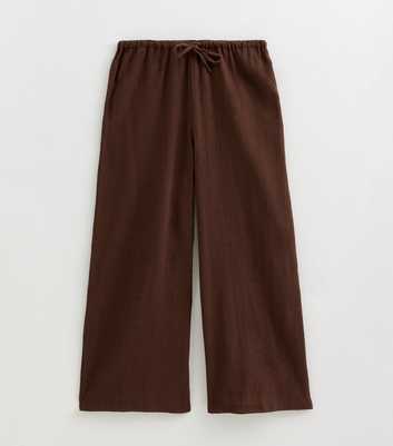 Petite Dark Brown Cotton Wide Leg Slub Trousers