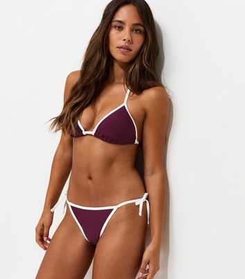 Dark Burgundy Contrast Trim Side Tie Bikini Bottoms