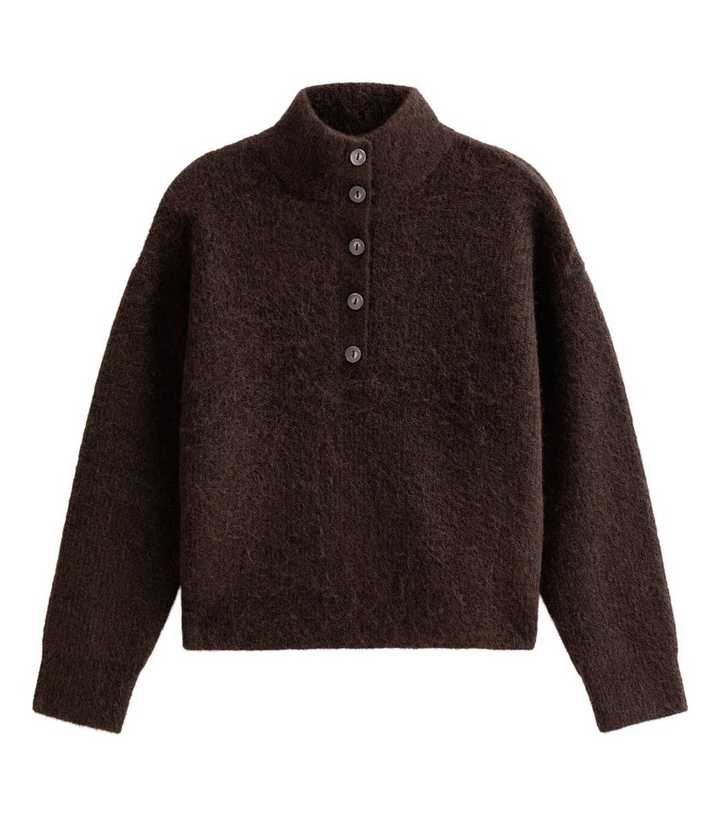 Dark Brown Knitted Button Neck Jumper
