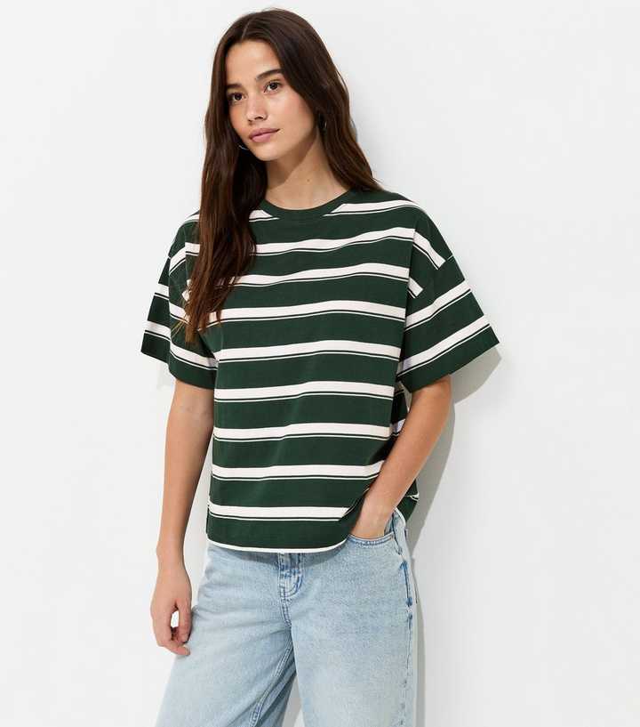 Green Cotton Striped Oversized Boxy Fit T-Shirt