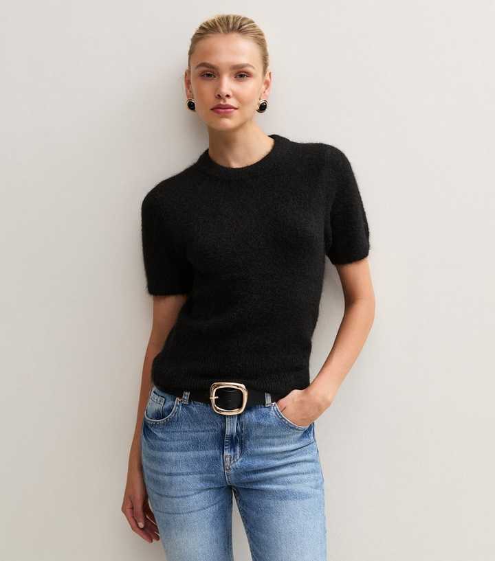 Black Brushed Knit T-Shirt with Wool