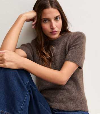 Dark Mink Brushed Knit T-Shirt with Wool