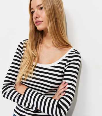 Black Cotton Rich Striped Scoop Neck Long Sleeve Top