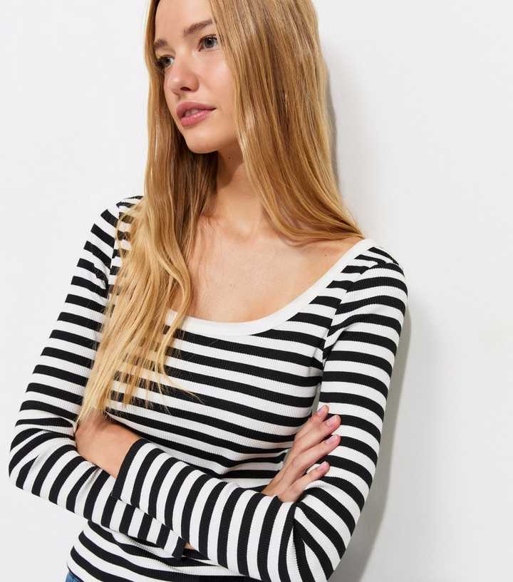 Black Cotton Rich Striped Scoop Neck Long Sleeve Top