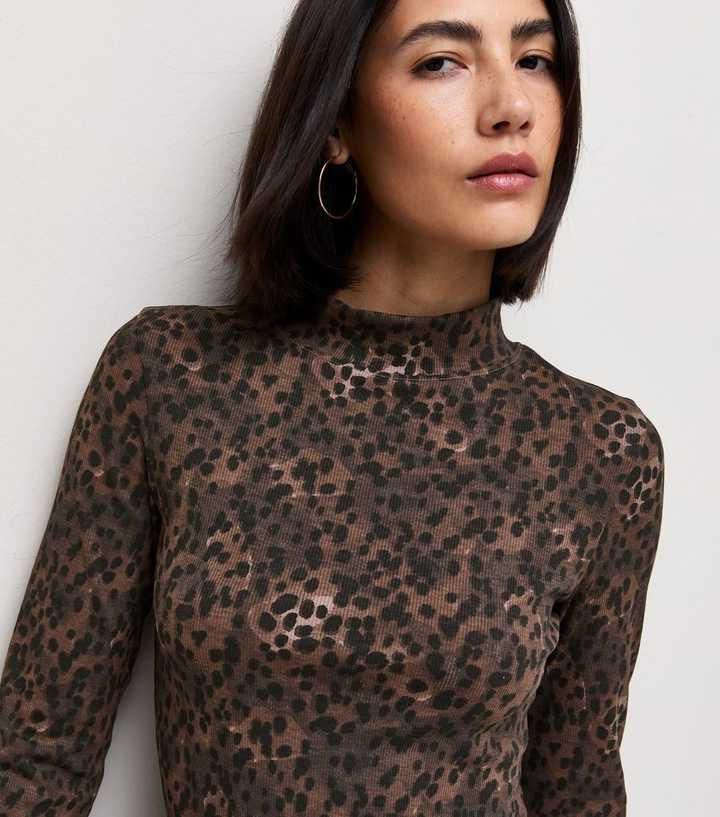 Brown Cotton Rich Animal Print Ribbed Stand Neck Top