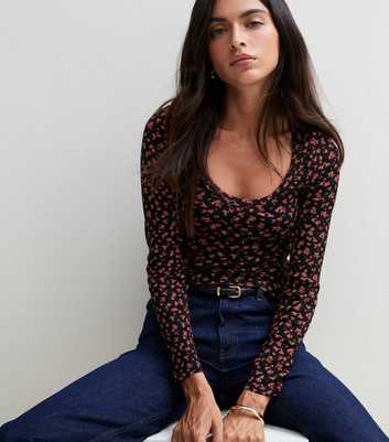 Black Floral Cotton Rich Scoop Neck Long Sleeve Top