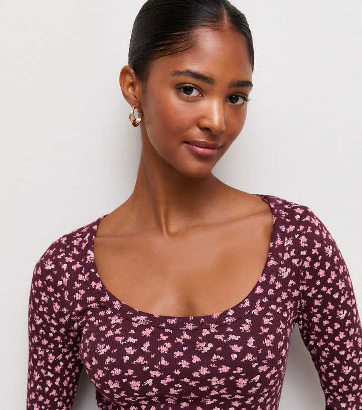 Red Floral Cotton Rich Scoop Neck Long Sleeve Top