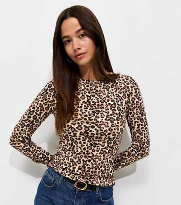 Brown Cotton Rich Leopard Print Long Sleeve Ribbed Top