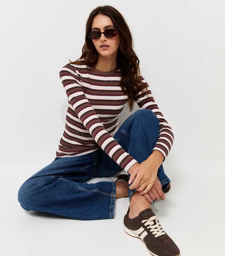 Red Cotton Rich Long Sleeve Ribbed Crew Neck Top
