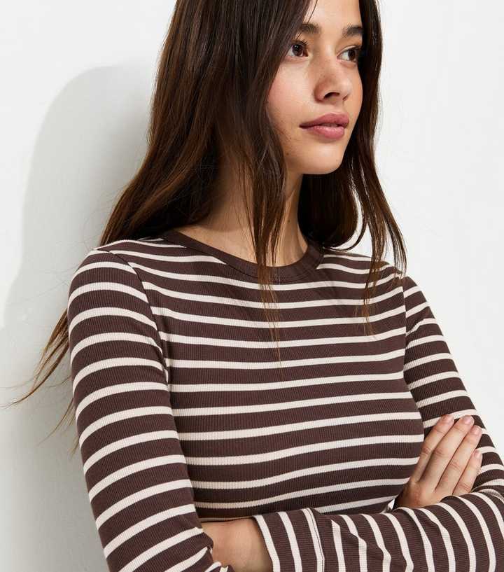Brown Stripe Cotton Rich Long Sleeve Ribbed Crew Neck Top