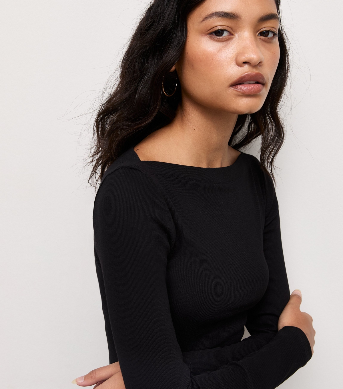 Women's Black Cotton Rich Ribbed Long Sleeve Slash Neck Top New Look