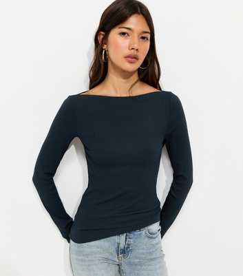 Navy Cotton Rich Ribbed Long Sleeve Slash Neck Top