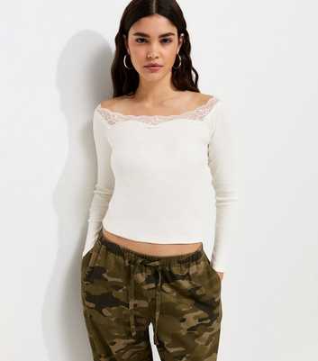 Cream Cotton Rich Bardot Lace Trim Long Sleeve Top