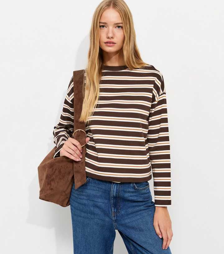 Premium Brown Cotton Striped Long Sleeve Skater T-Shirt