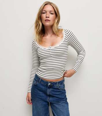 White Striped Cotton Rich Lace Trim Henley Long Sleeve Top