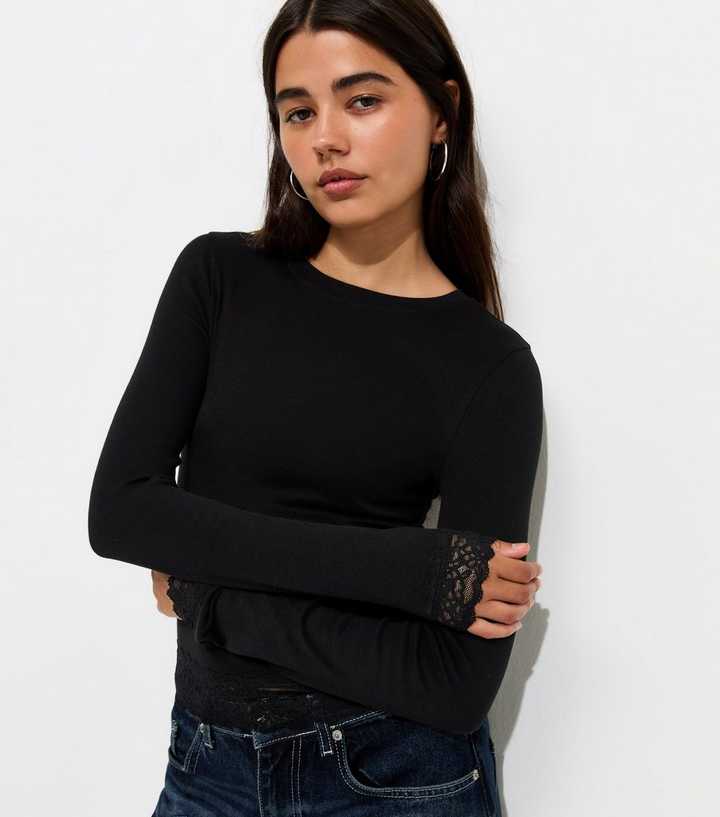 Black Cotton Rich Lace Trim Long Sleeve Crew Neck Top