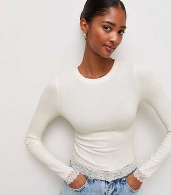 Cream Cotton Rich Lace Trim Long Sleeve Crew Neck Top