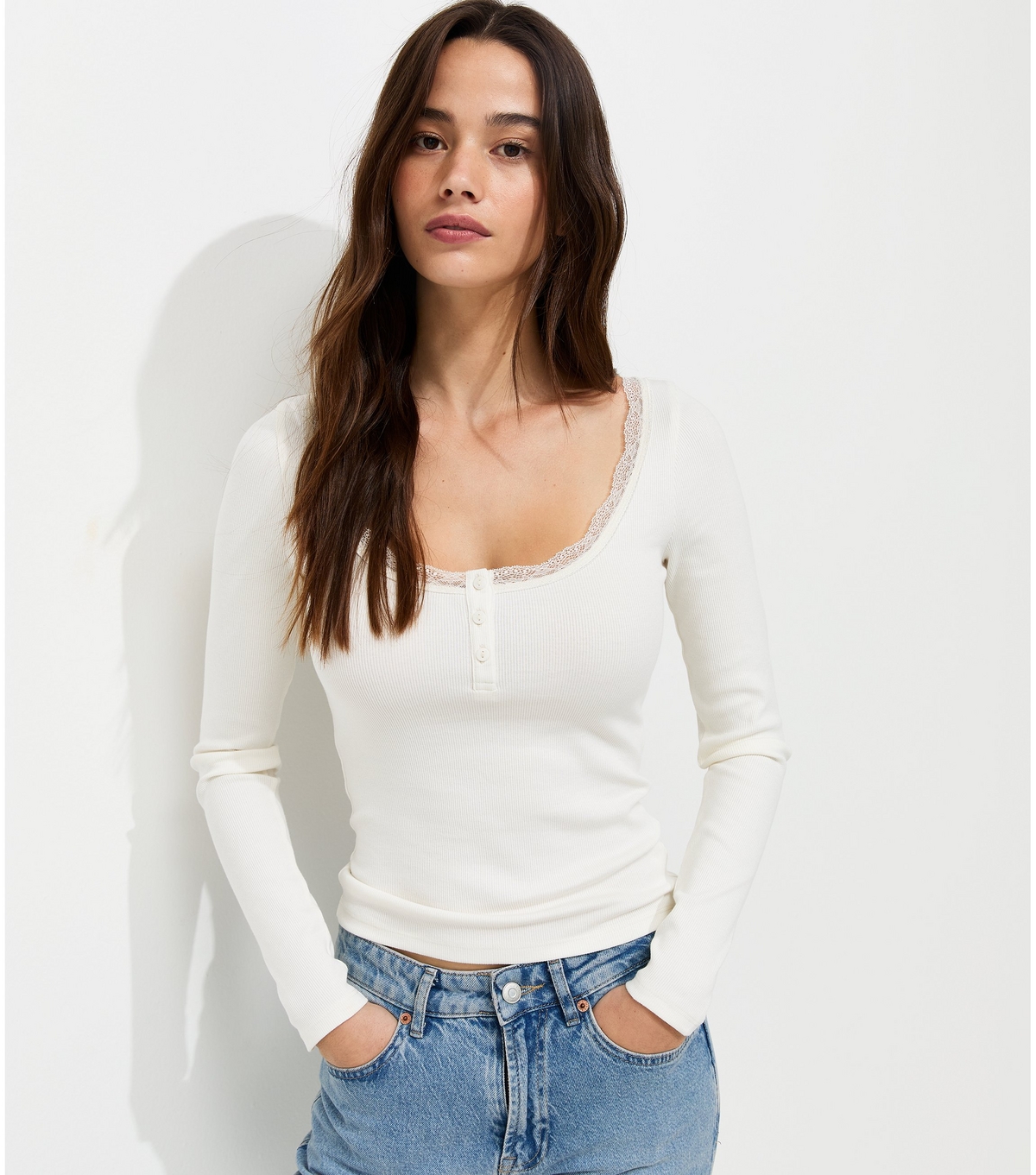 Women's Cream Cotton Rich Lace Trim Long Sleeve Henley Tops New Look