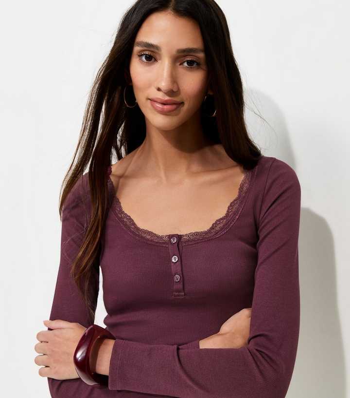 Dark Burgundy Cotton Rich Lace Trim Long Sleeve Henley Tops