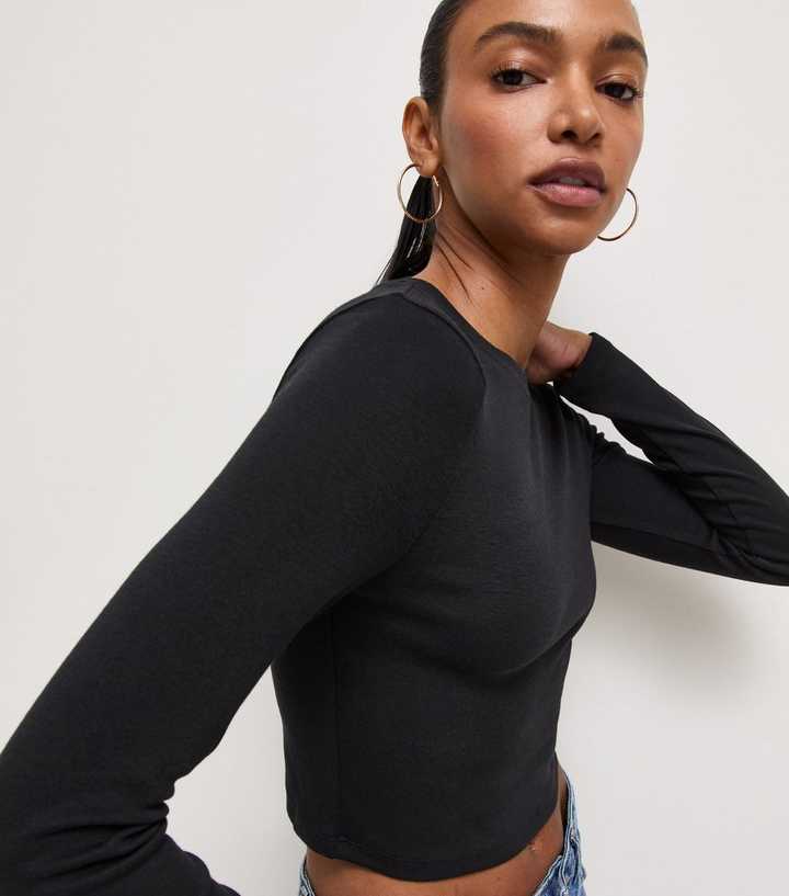 Black Cotton Rich Long Sleeve Cropped Crew Neck Top