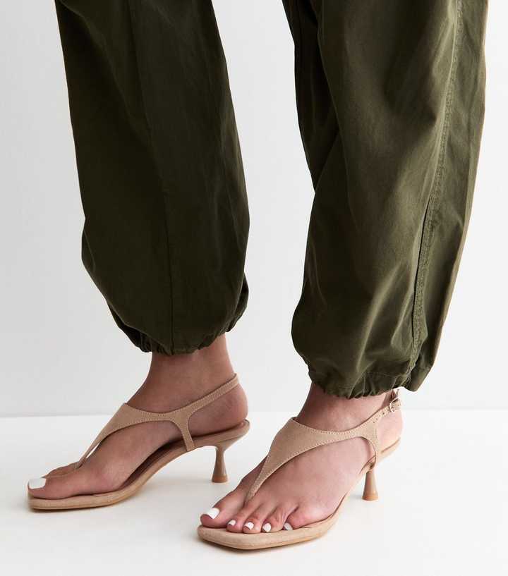 Light Brown Faux Suede Toe Post Kitten Heel Sandals