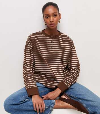 Premium Brown Striped Relaxed Long Sleeve Henley Top