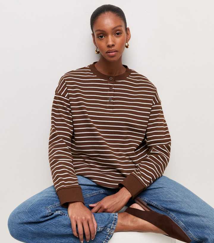 Premium Brown Striped Relaxed Long Sleeve Henley Top