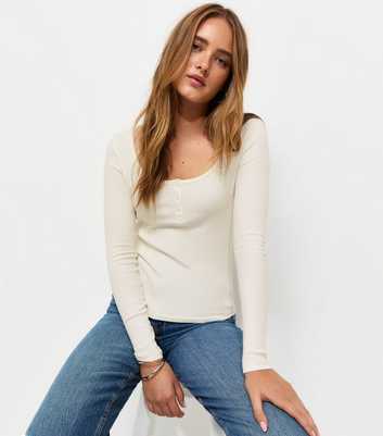 Cream Cotton Rich Ribbed Scoop Neck Henley Top