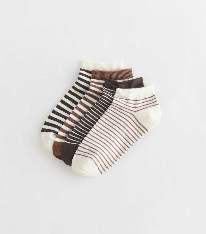 Pack of 4 Brown Cotton Rich Striped Trainer Socks