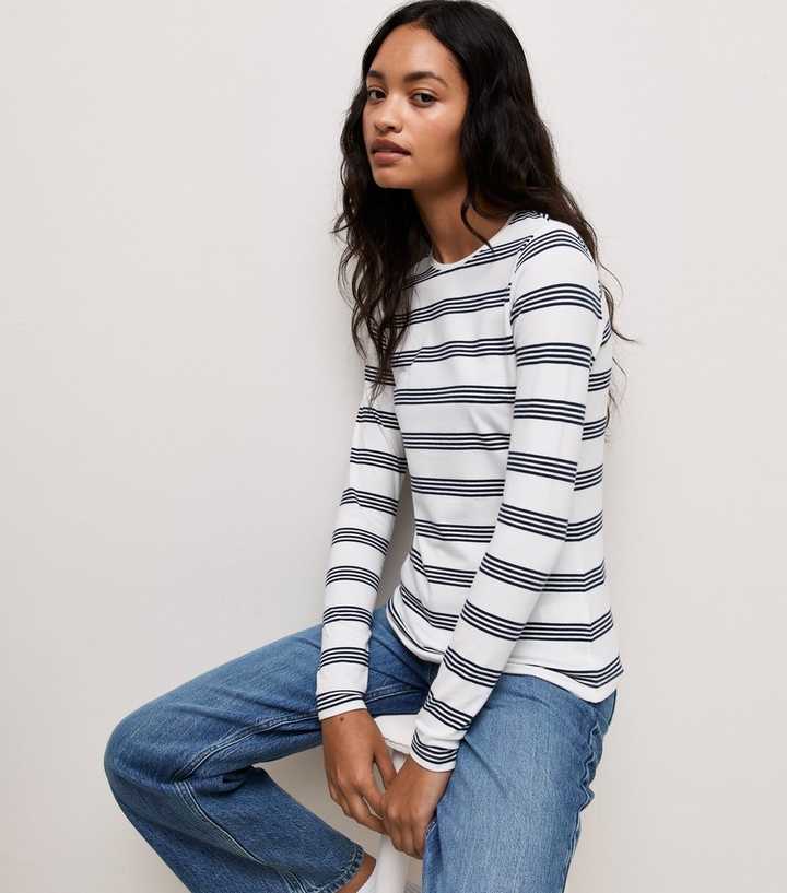 White Cotton Rich Striped Long Sleeve Crew Neck Top