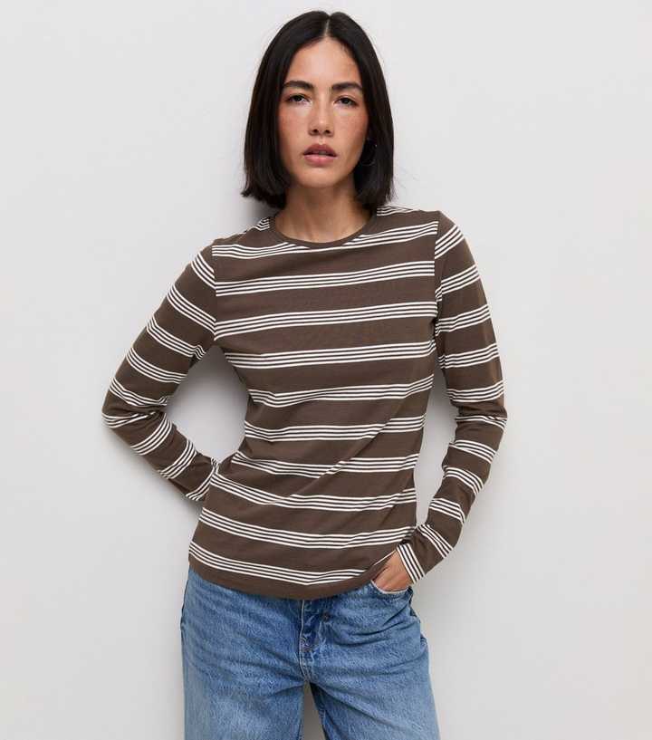 Brown Cotton Rich Striped Long Sleeve Crew Neck Top