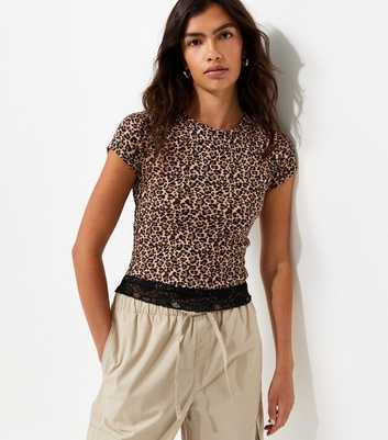 Brown Cotton Rich Leopard Print Lace Hem T-Shirt