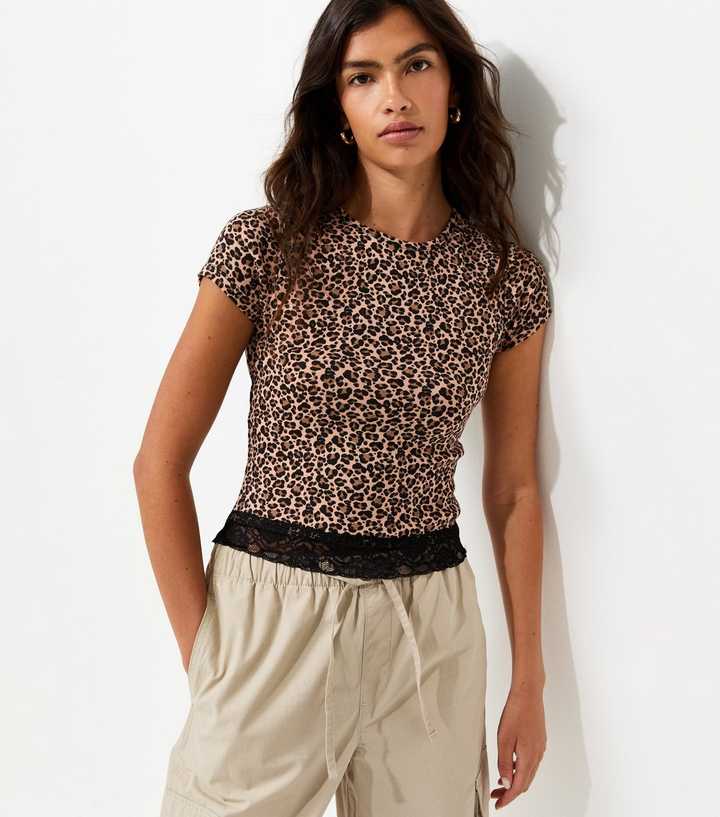 Brown Cotton Rich Leopard Print Lace Hem T-Shirt
