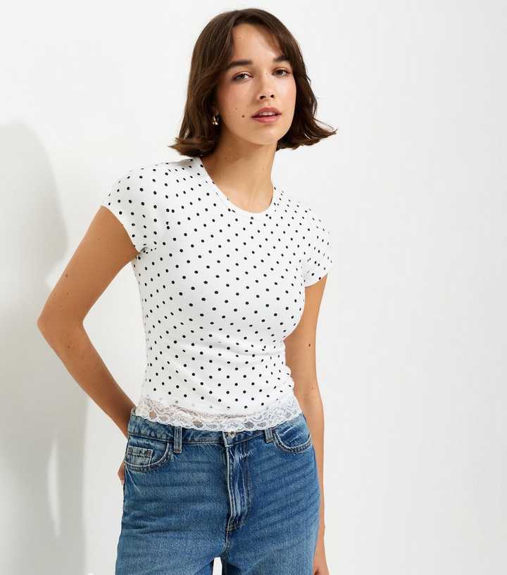 White Cotton Rich Polka Dot Lace Hem Baby Tee T-Shirt