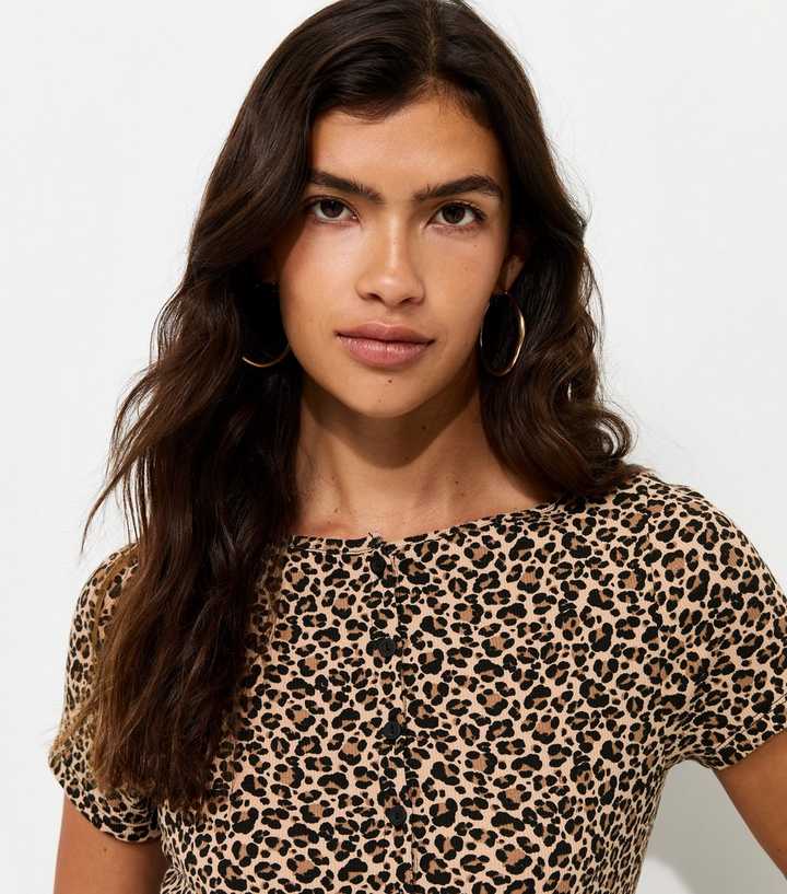Brown Cotton Rich Leopard Print Button Front T-Shirt