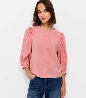 Pink Cropped Balloon Sleeve Button Blouse
