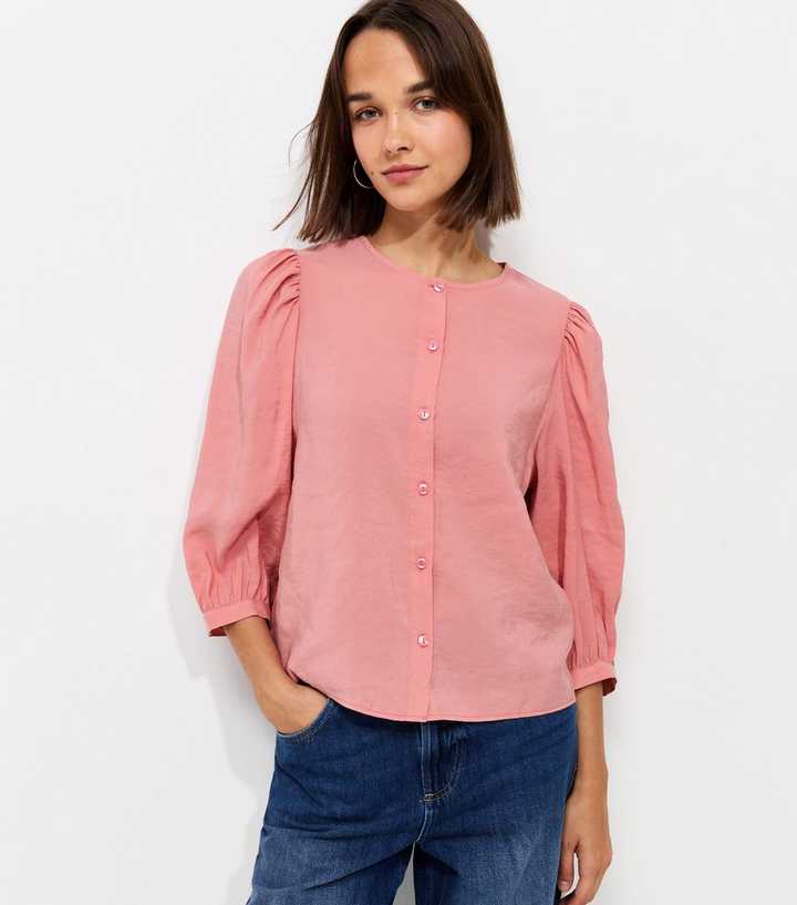 Pink Cropped Balloon Sleeve Button Blouse
