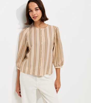 Cream Crinkle Texture Striped Button Front Blouse