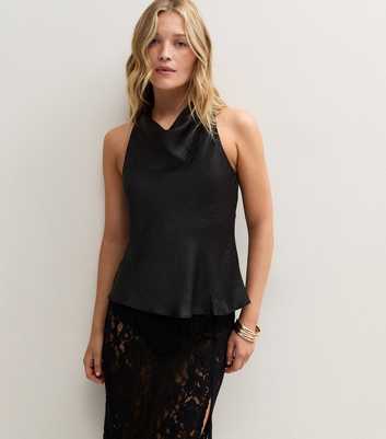 Black Satin Cowl Neck Halter Top