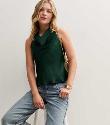 Dark Green Satin Cowl Neck Halter Top