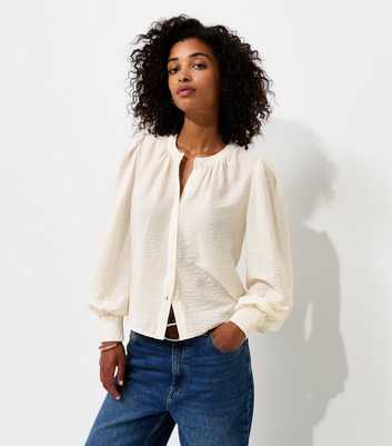 Cream Crinkle Texture Grandad Collar Shirt