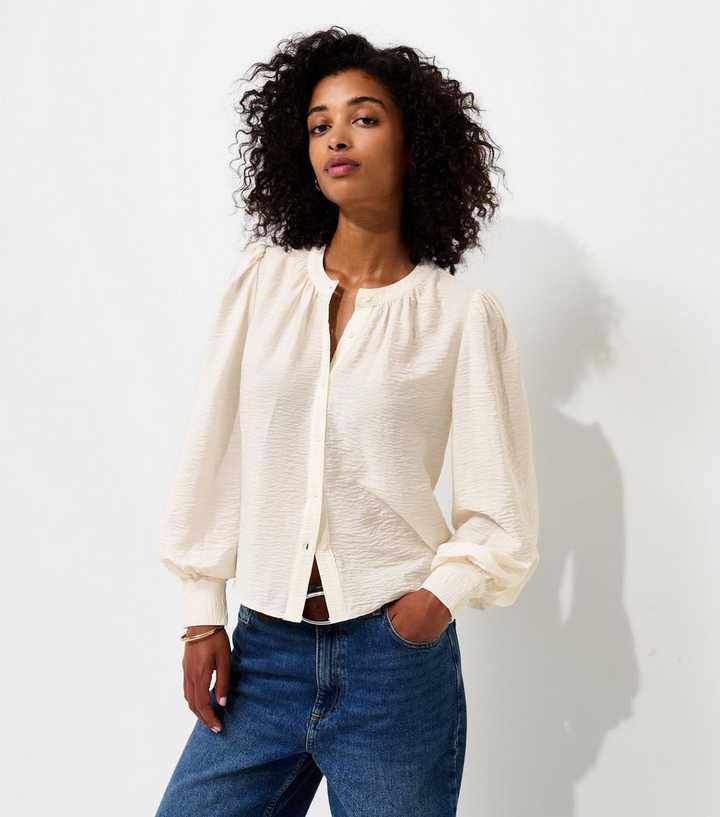 Cream Crinkle Texture Grandad Collar Shirt